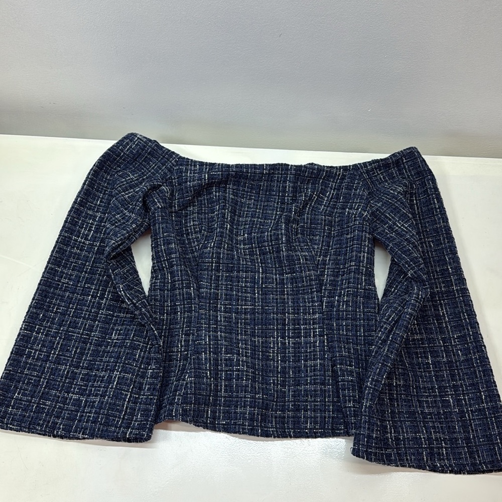 NWT ZARA Blue, Black & White Tweed Off-The-Shoulder Blouse
